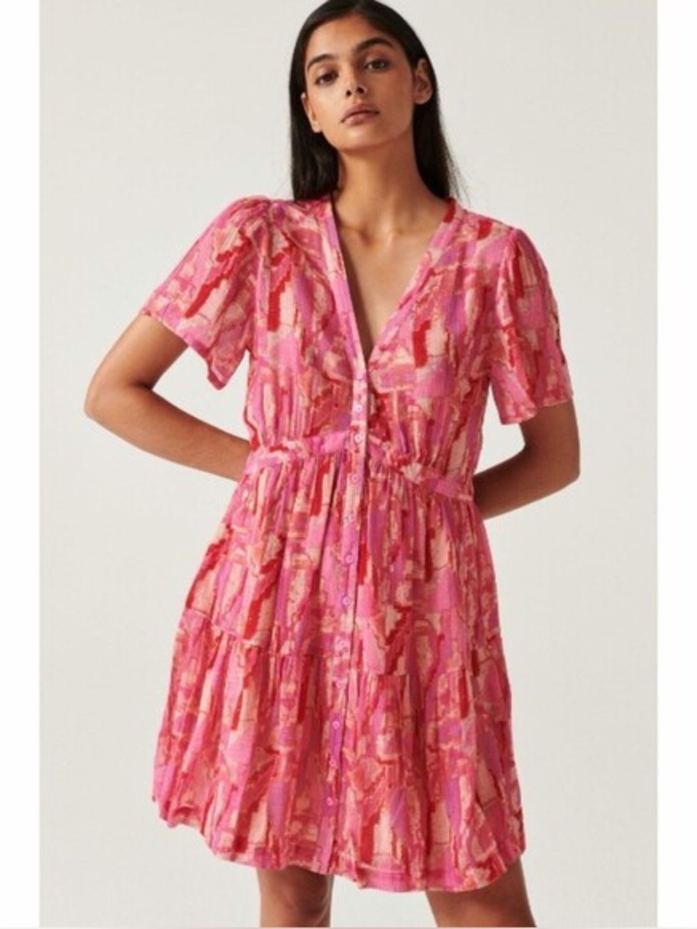 ba&sh Talita Dress Tiered Button Front Mini Rose Pink Size 2 Cotton Blend Euro